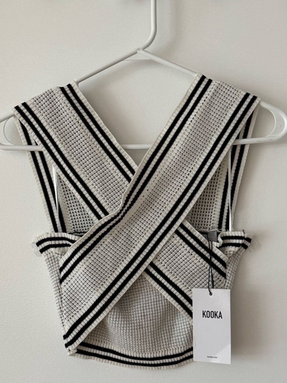 Kookai White and Black Striped Cross-Back Knit Crop Top